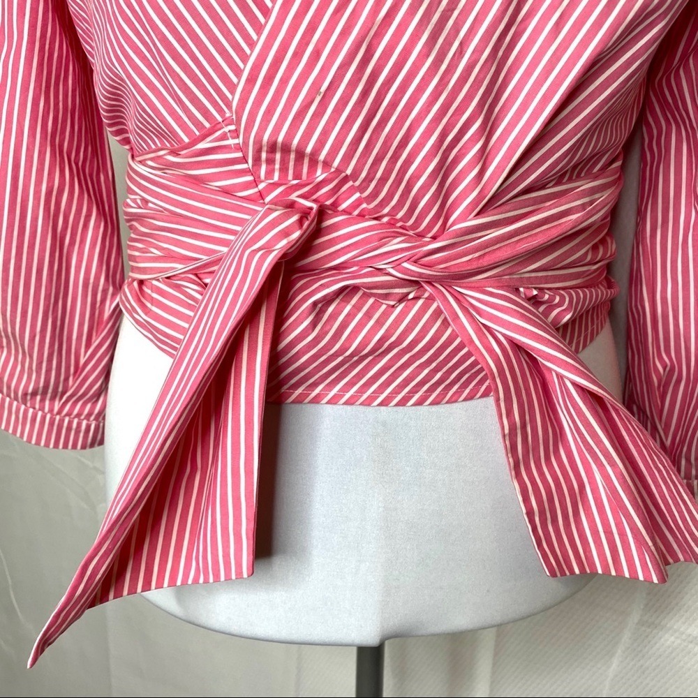 JW Style Y2K Striped Wrap Front Tie Shirt Blouse Small Pink White S Cottagecore - Picture 8 of 8